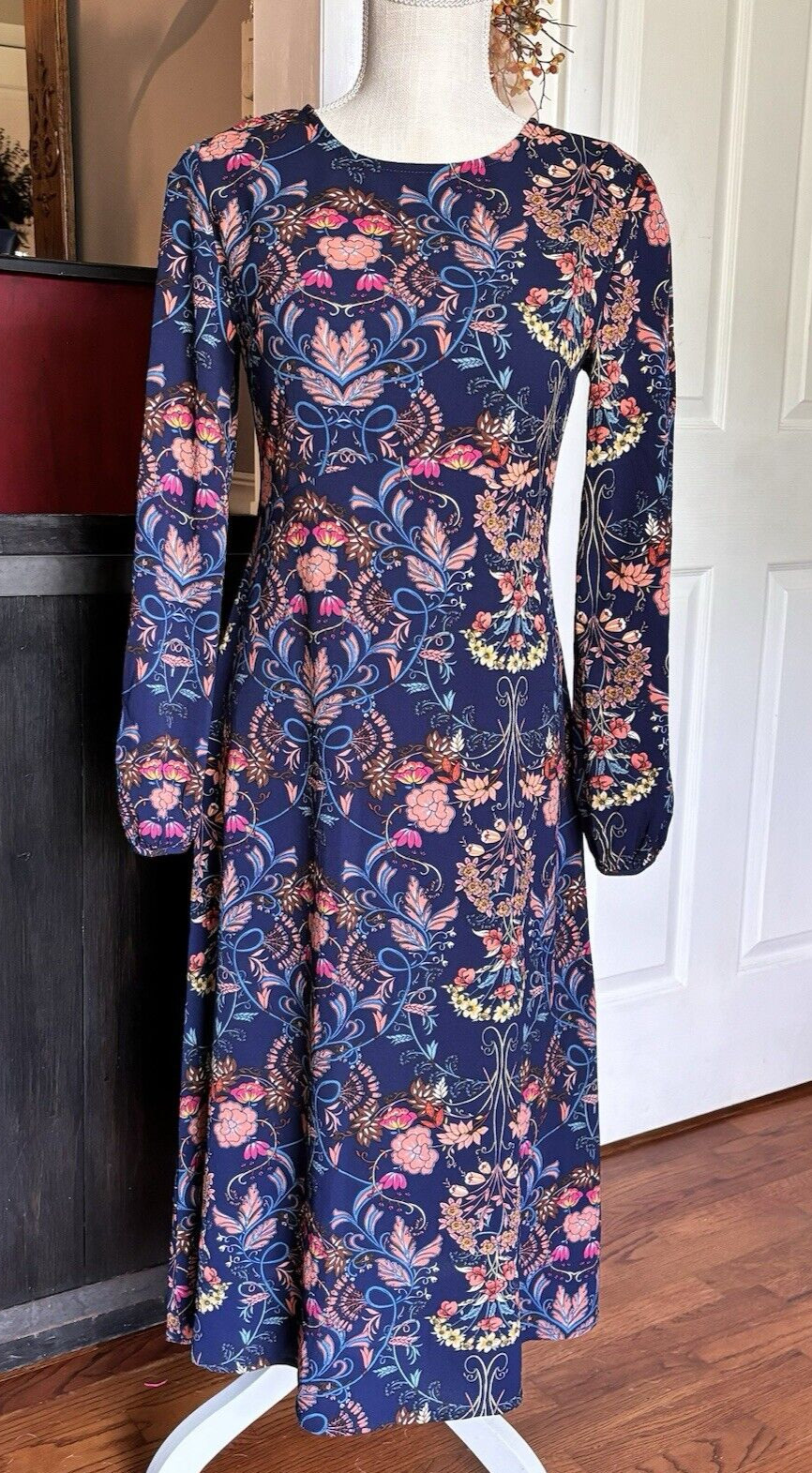 I. Madeline Garden Splendor Midi Dress Women’s XS Blue Floral Print Long Sleeve