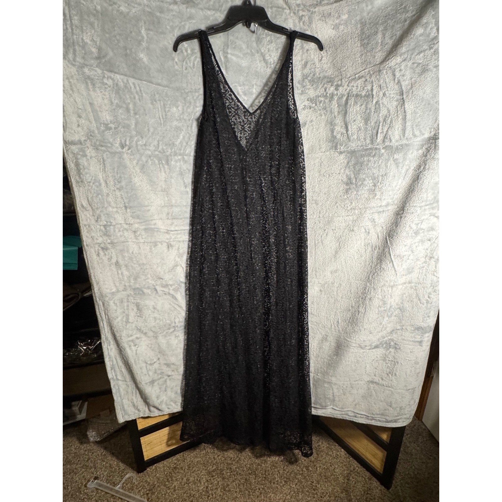 Black Floral Lace V-Neck Maxi Dress Sheer Sleeveless Cover Up Long Gown sm?