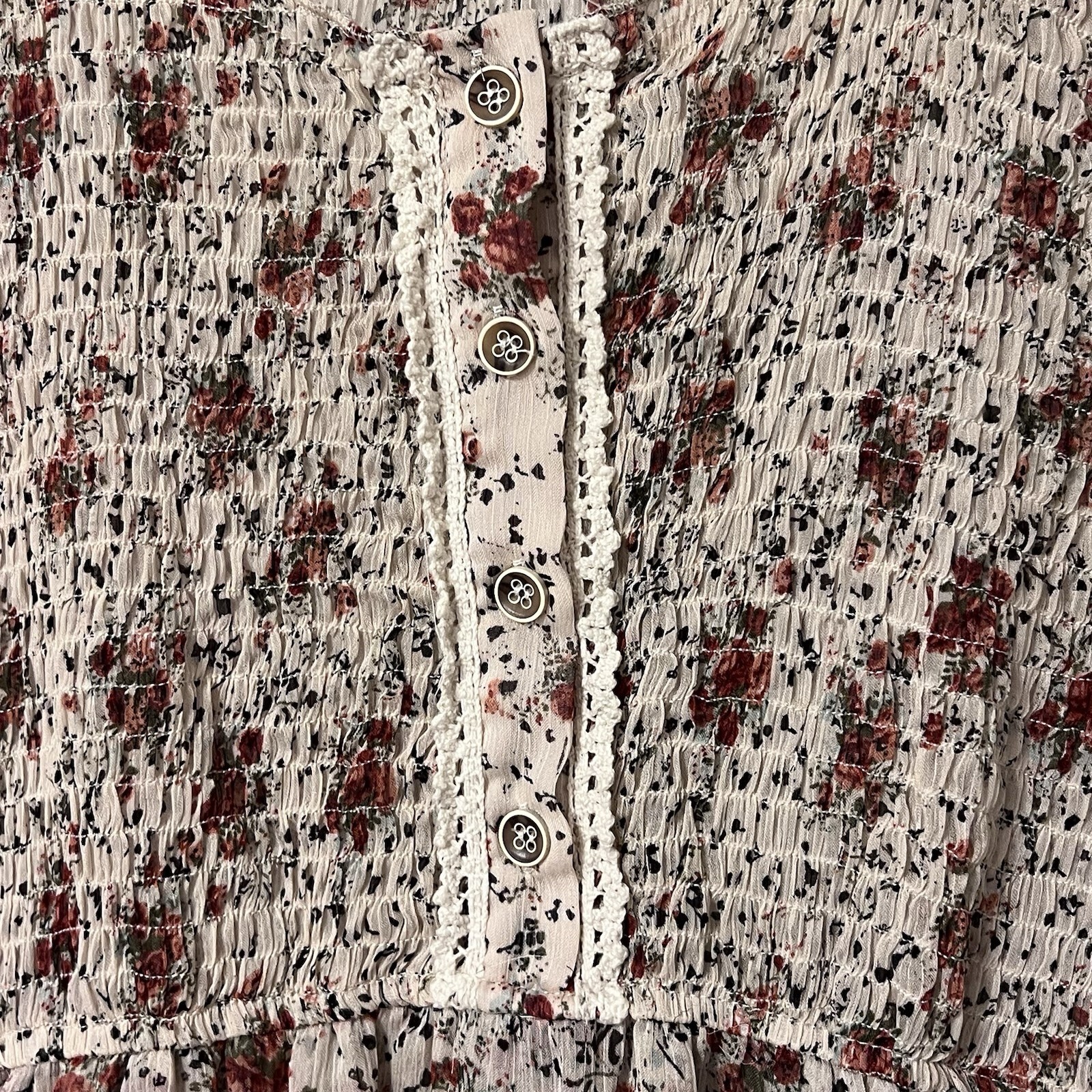 POL Dress Bohemian Smocked Button Ivory Floral Peasant Feminine L Lace Cottage