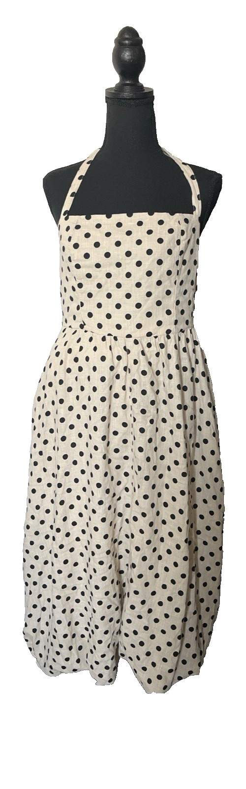 NEXT 100% Linen Polka Dot Halter Midi Dress Size 6 Smocked Back Bubble Hem