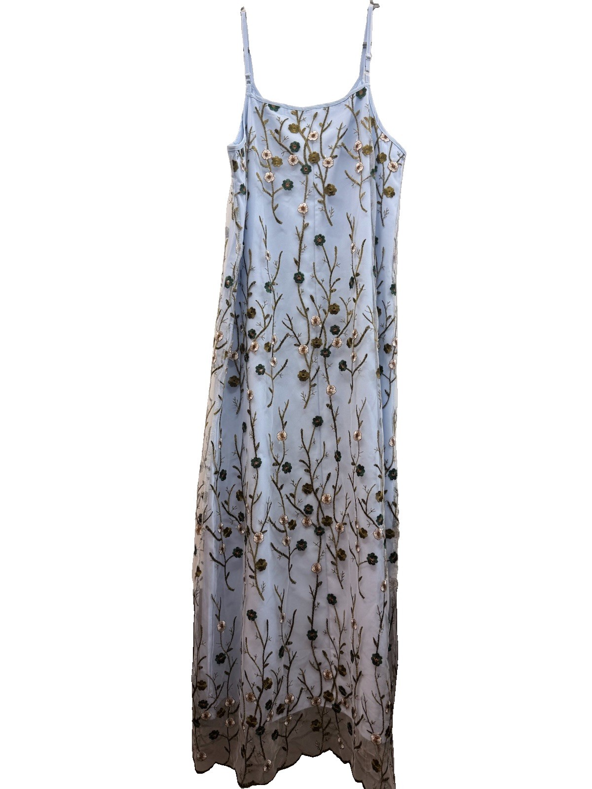 Light Blue Embroidered Mesh Maxi Dress Floral Spaghetti Strap