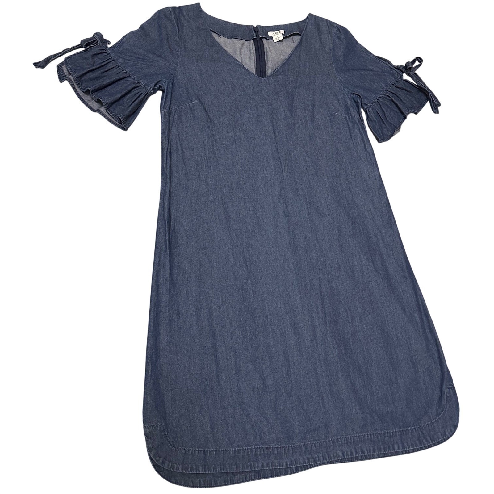 J.Crew Womens Blue Denim Ruffle Tie Sleeve V-Neck Shift Dress Size S Indigo