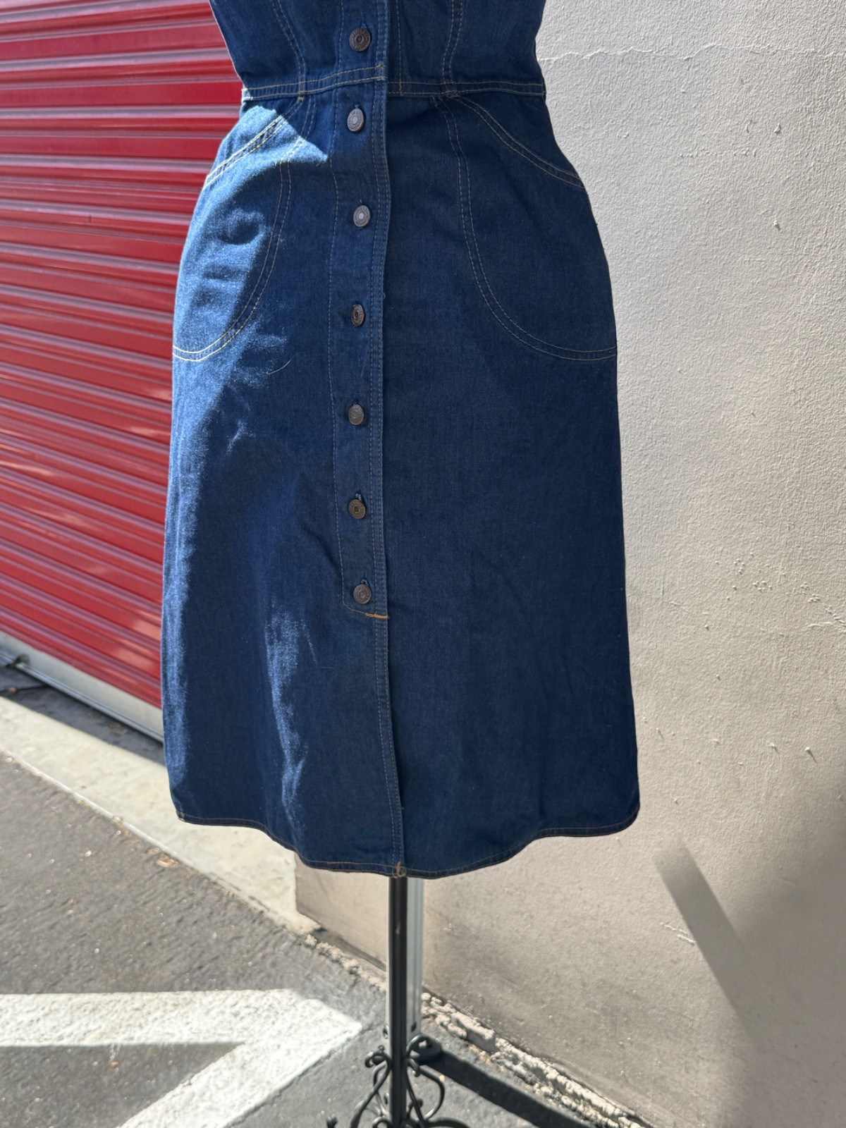 Vintage 70s Levis Denim Sundress Fitted Button Front Dress Brass Buckle In Back