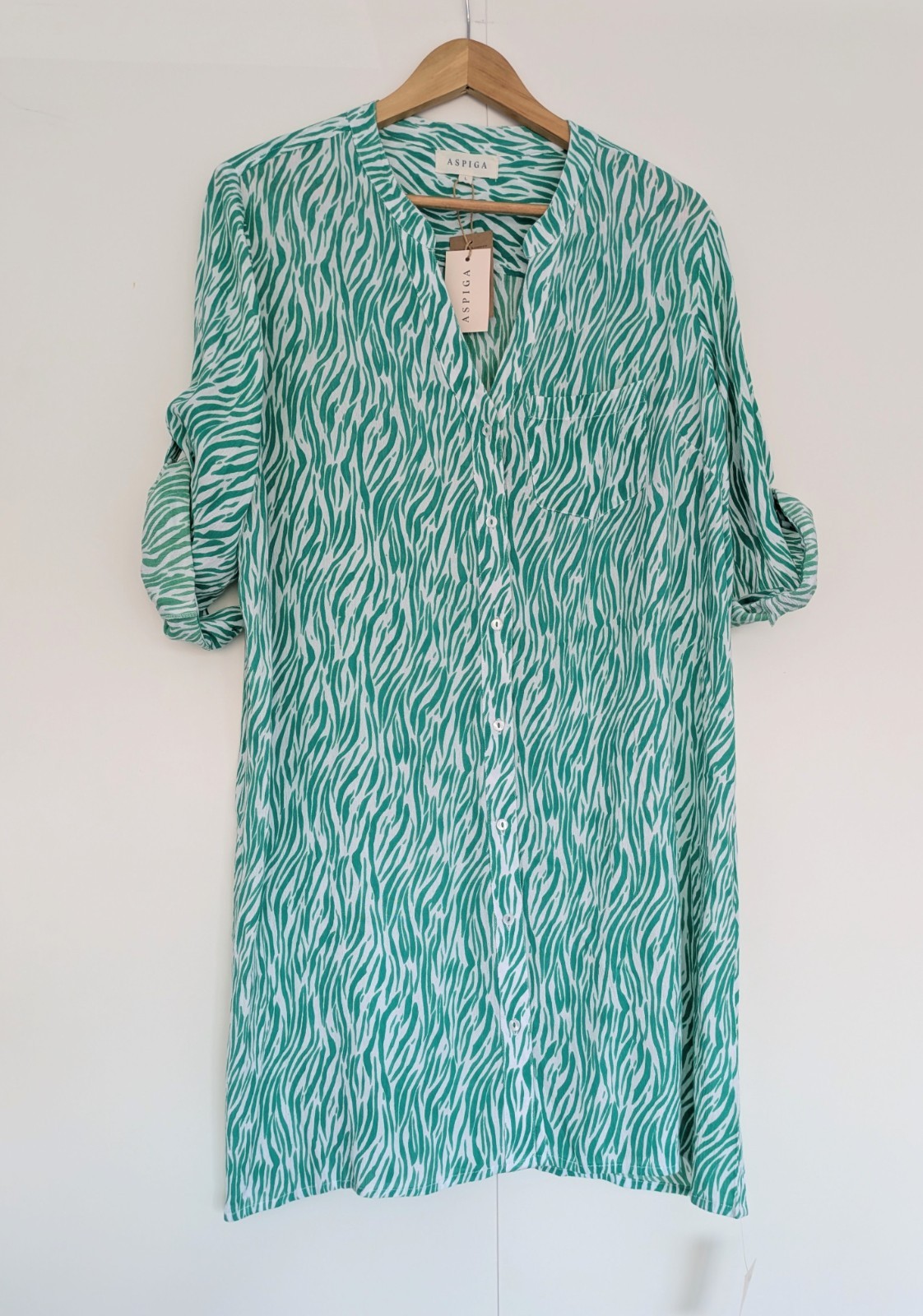 Brand New with Tags: ASPIGA Green Zebra Print Shirt Dress / Tunic – Size L