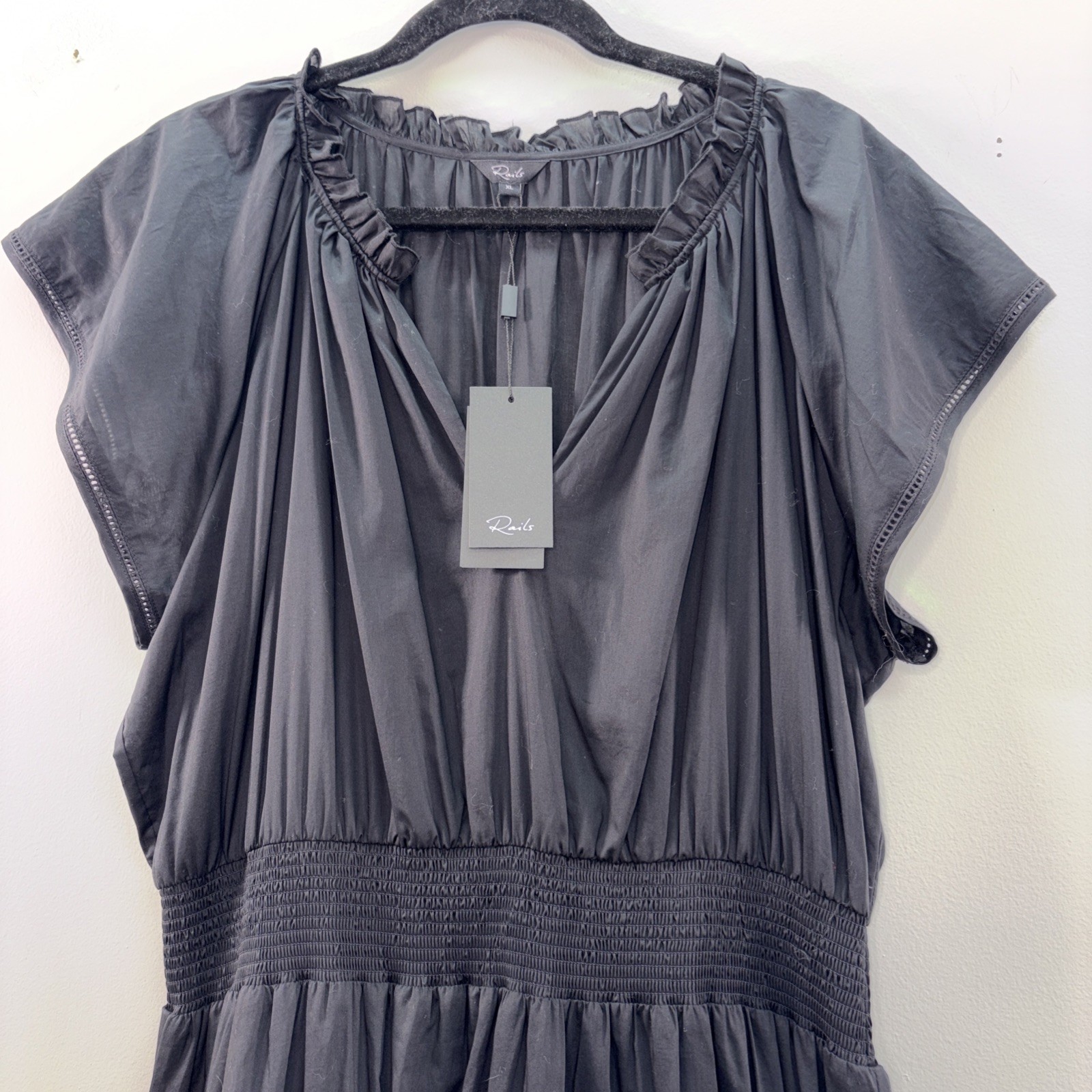 Rails Wowens XL Clementine Embroidered Midi-Dress black Smocked 100% Cotton NWT