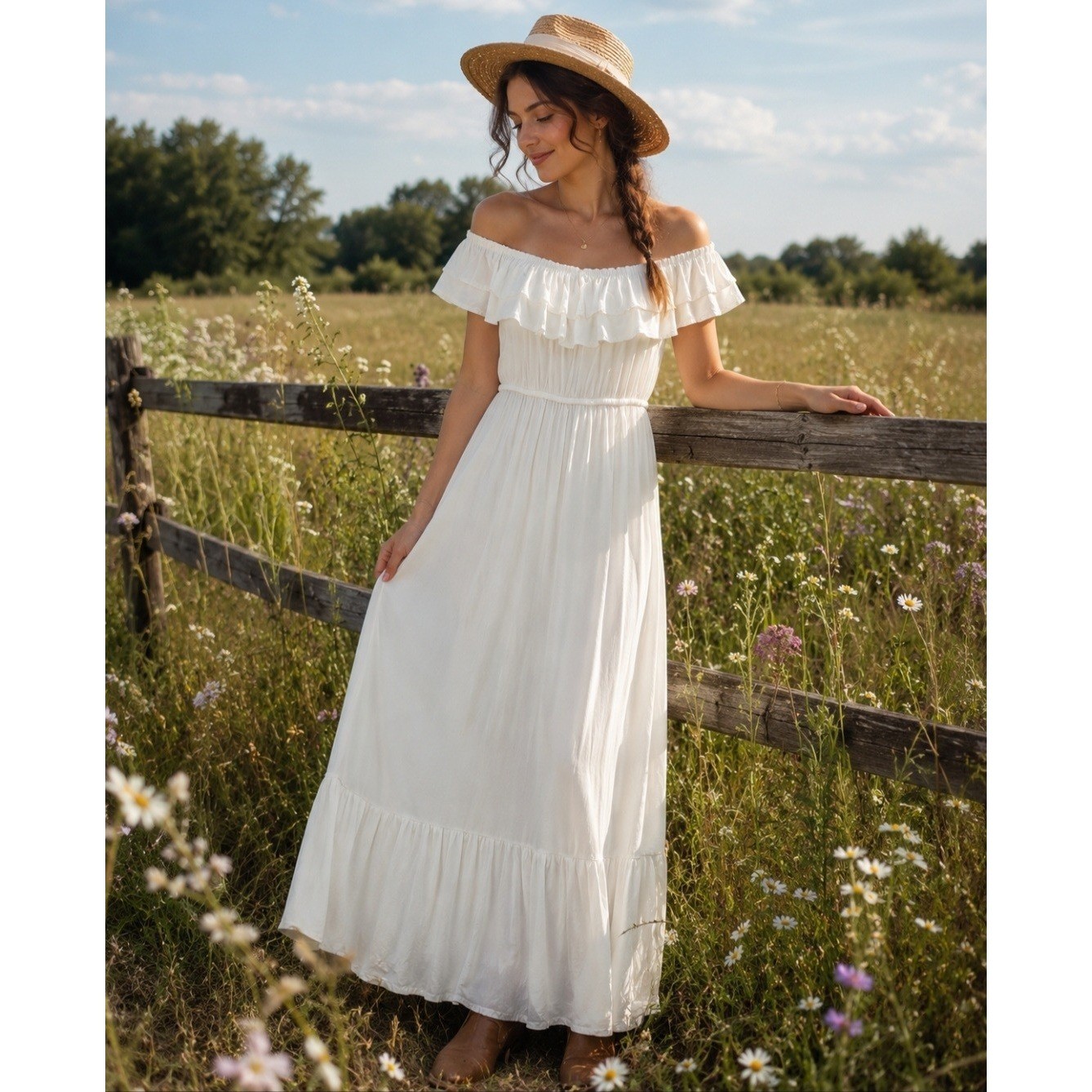 White Cottagecore Maxi Dress Off Shoulder L Cotton Blend Vacation Honeymoon
