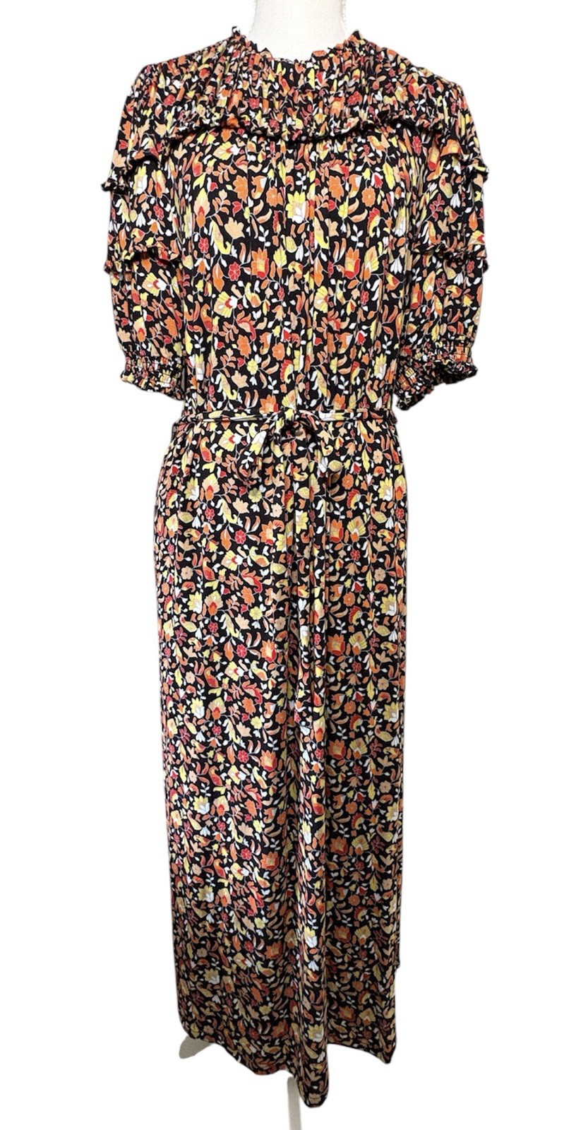 Boden UK16 US12 Black Floral Ruffle Maxi Dress Tie Waist 3/4 Sleeve