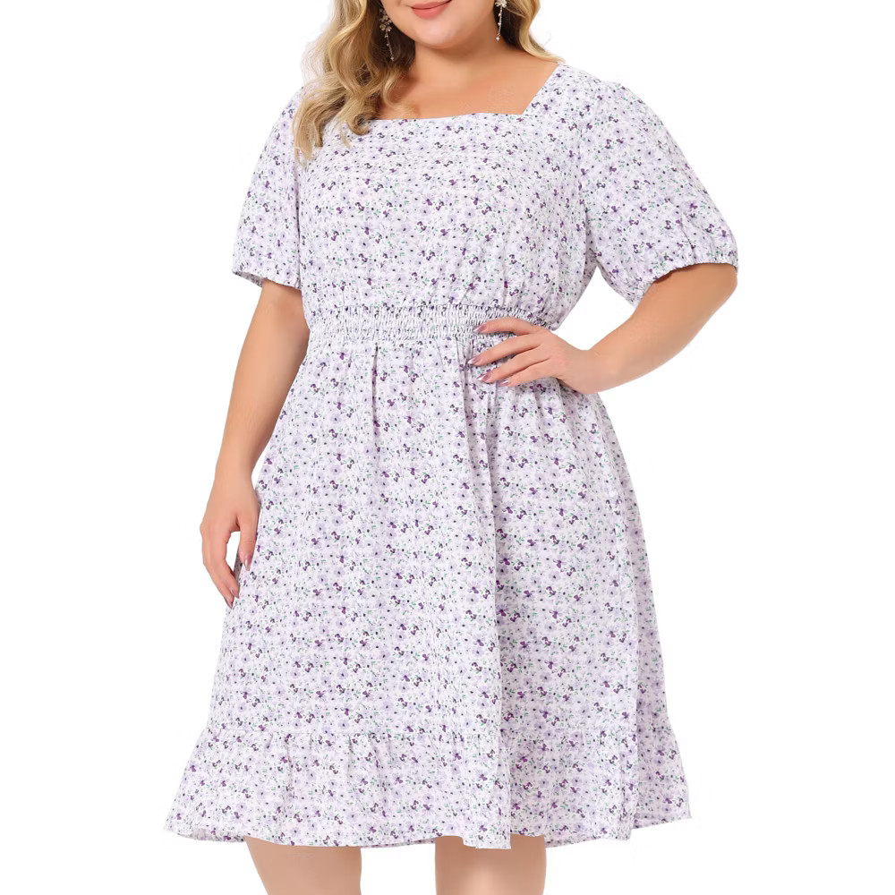 Agnes Orinda Women Plus Size Floral Square Neck Short Sleeve Smocked Waist