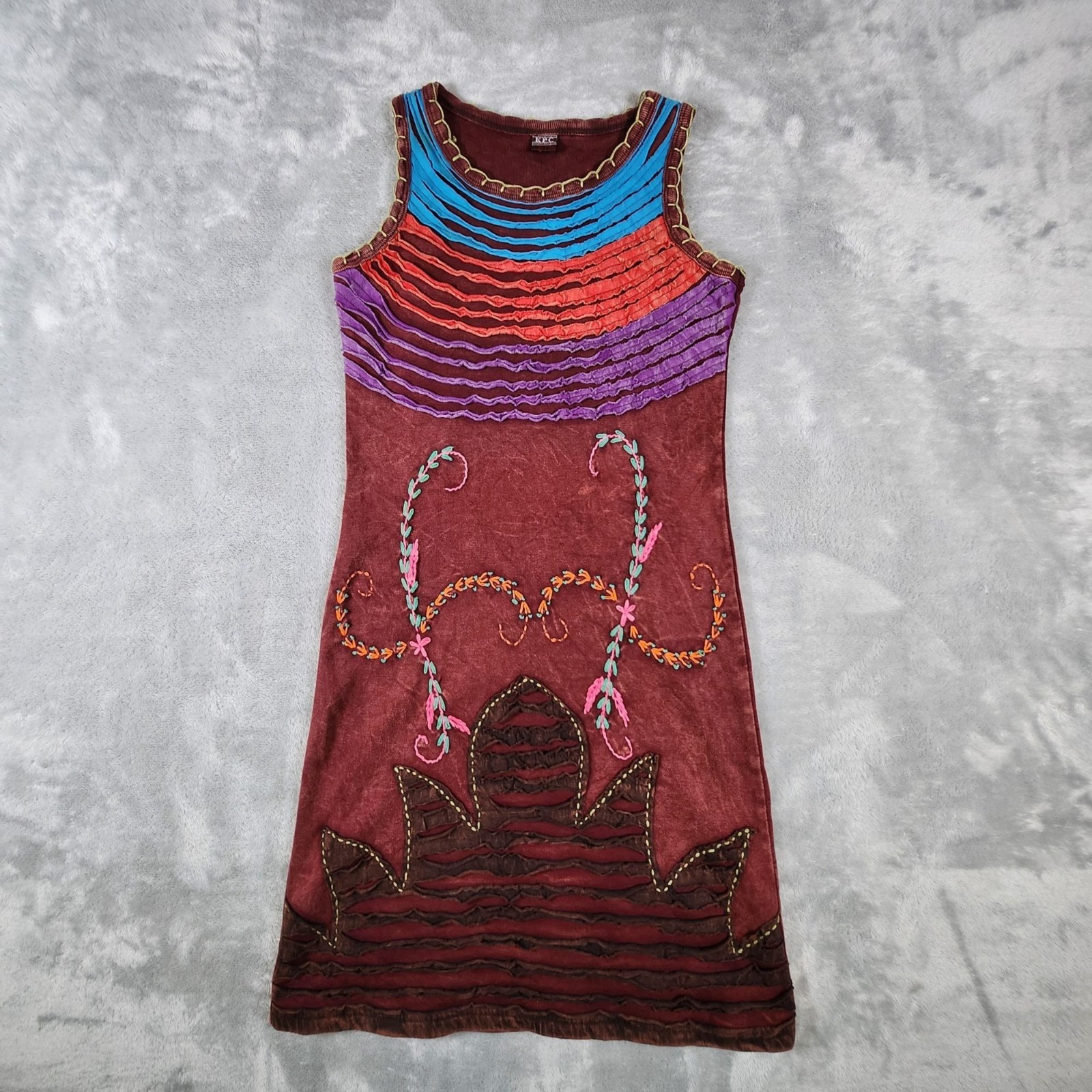 KPC Nepal Embroidered Sleeveless Dress Colorful Small Festival Hippie Boho Artsy