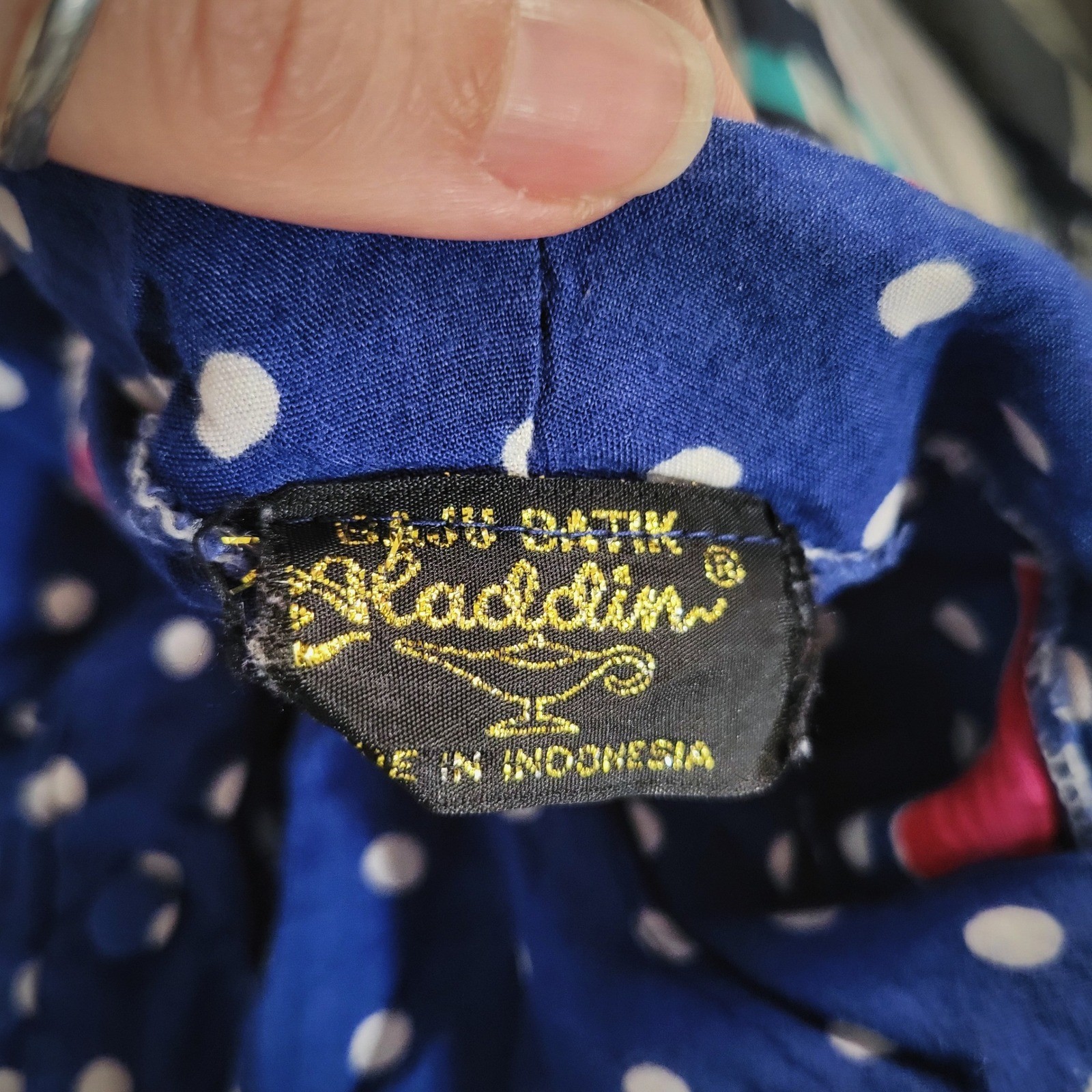 Vintage 80s Aladdin Batik Blue Floral Blue Polka Dot Midi Dress Women