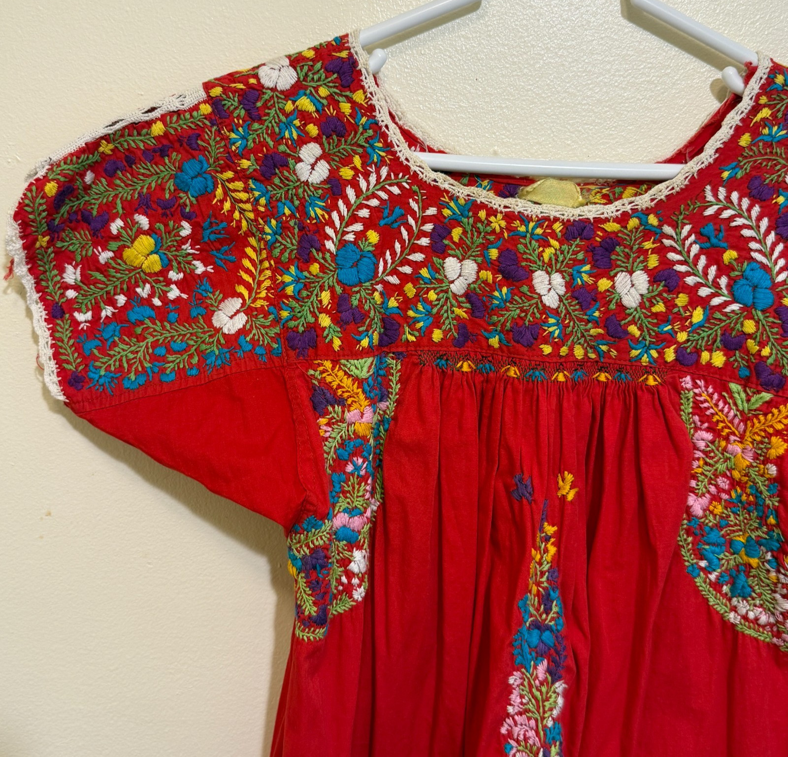 VINTAGE 70s OAXACA MEXICAN DRESS RED EMBROIDERED CROCHET POCKETS COTTON SIZE M