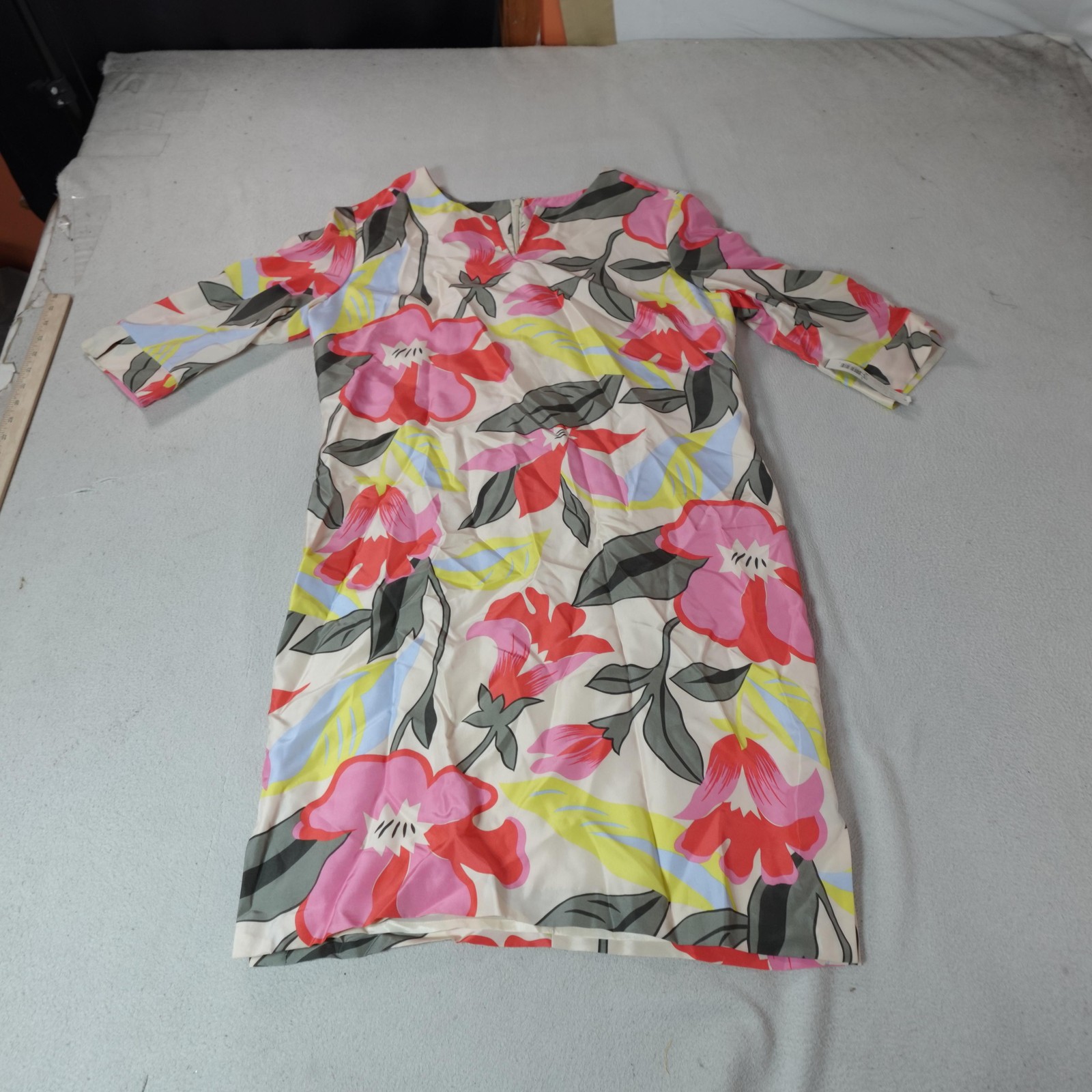 August Silk Dress Womens 16 Floral 100% Silk Sheath Lined 3/4 Sleeve Back Zip
