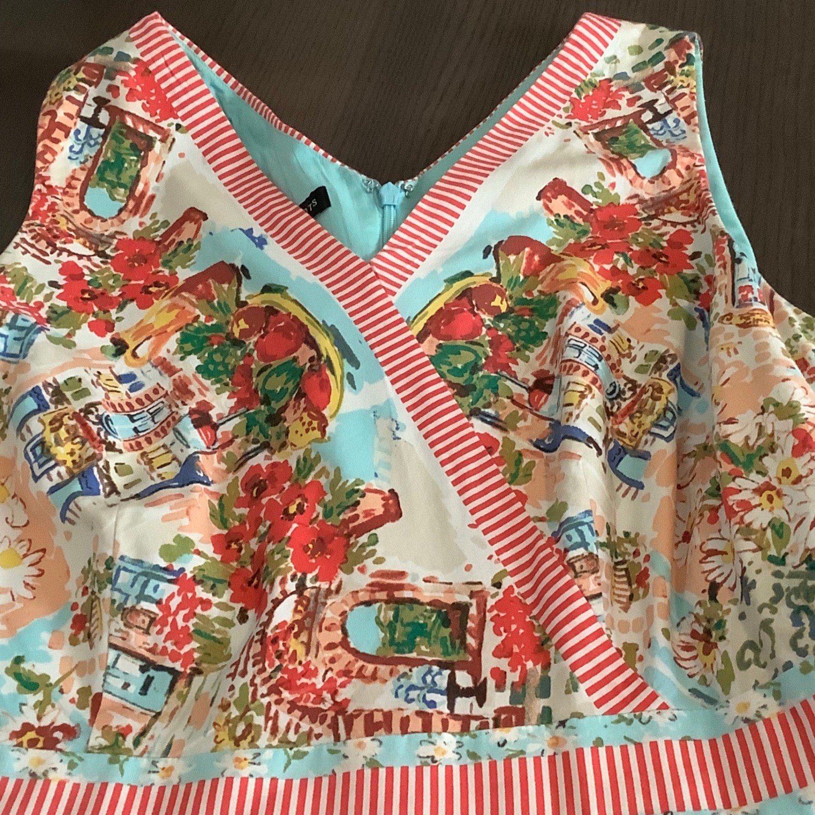 Talbots Mediterranean Cafe Novelty Print Sleeveless Cotton Dress Multi Color 10