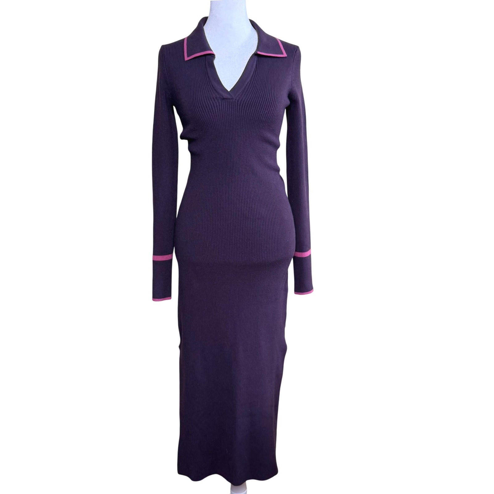 Marine Layer Ribbed Knit Polo Midi Dress Women’s Small Purple Bamboo Trim Slit