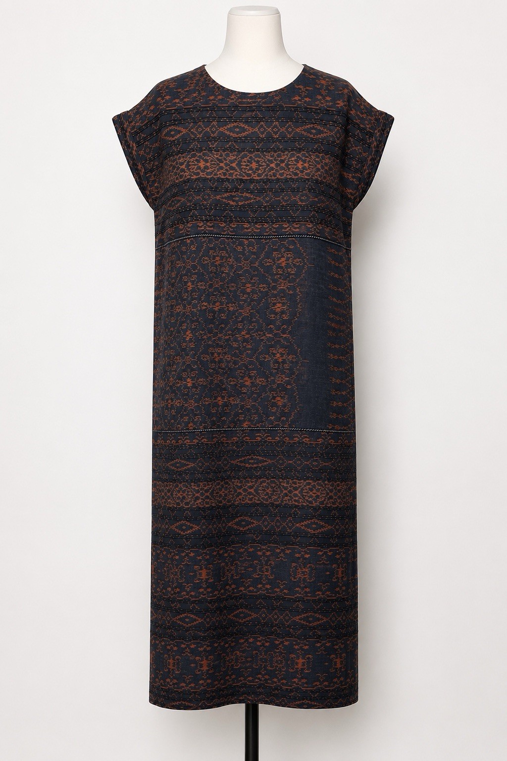 We Be Bop Textured Cotton Shift Midi Dress Black Brown Tribal Print Cap Sleeve