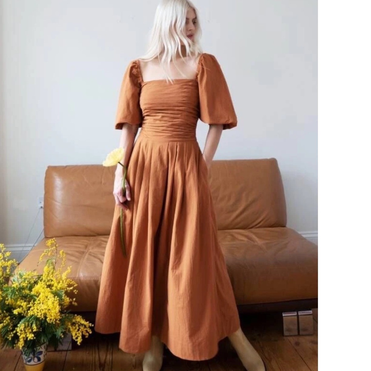 Free People Ain’t She a Beaut Dress Women S Orange Puff Sleeve Ruched Midi