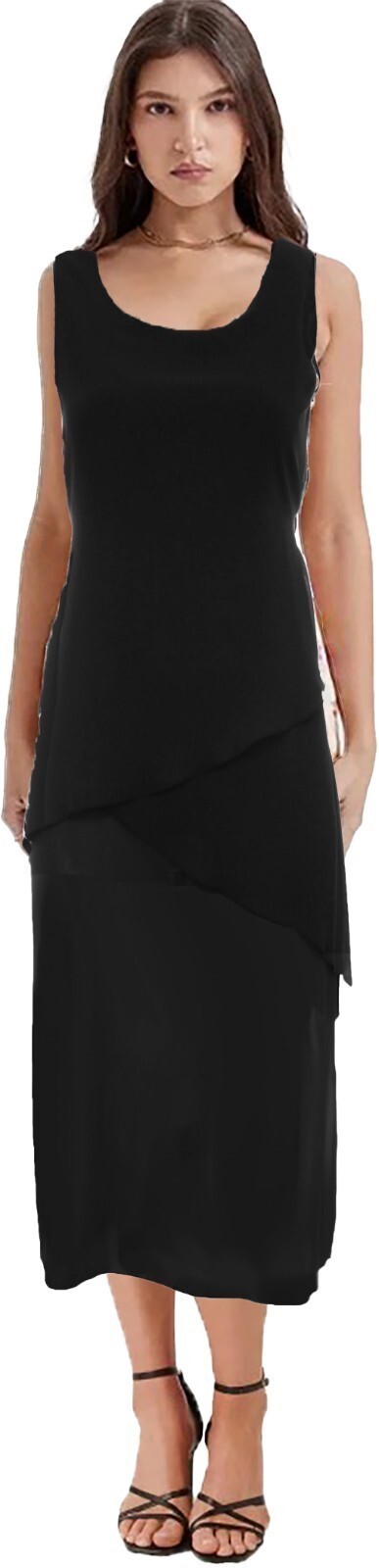 Ladies Black 3 Tier Triple Layer Chiffon Georgette Ties On Back Pencil Dress