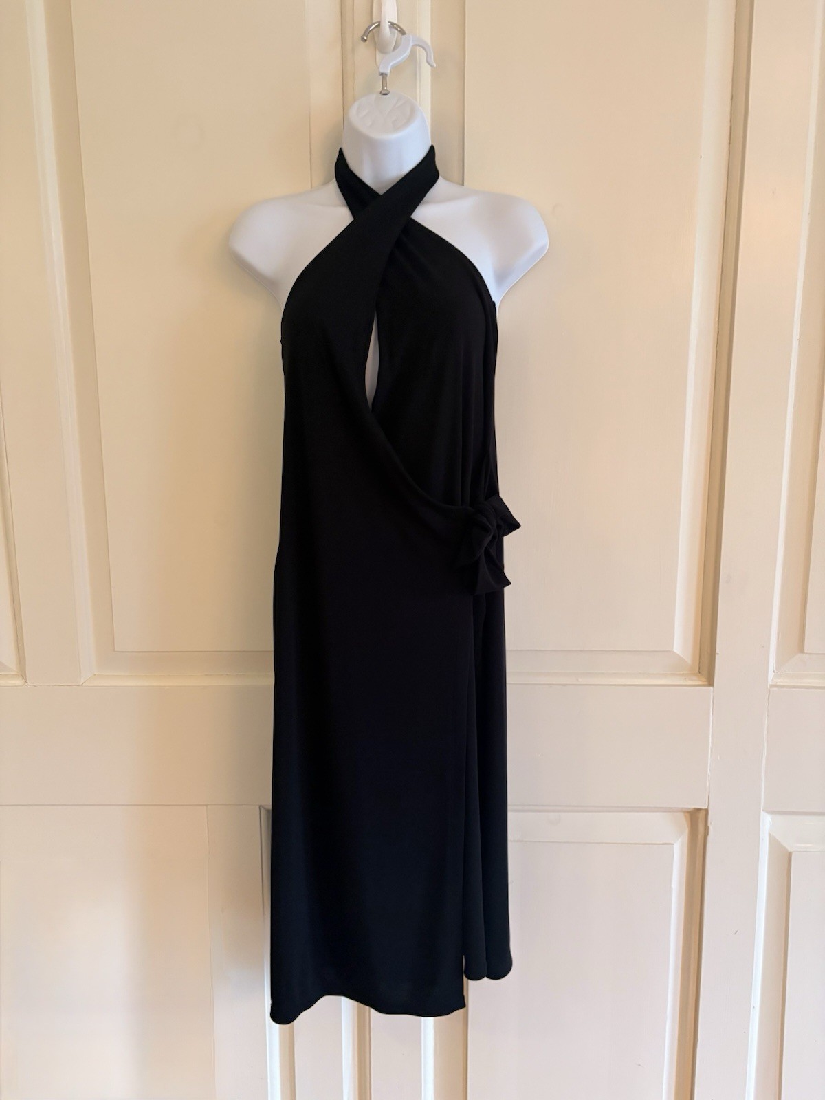Banana Republic criss-cross halter wrap midi dress in solid black – medium