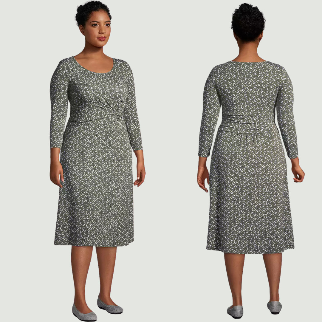 Lands’ End Twist Front Fit & Flare Dress 3X Green Paisley Tencel Stretch Jersey