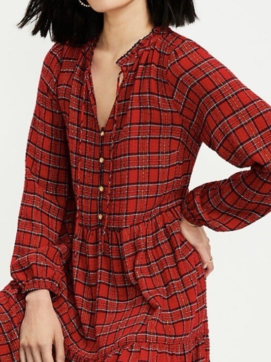 Ann Taylor LOFT Metallic Tartan Plaid Tiered A-Line Dress Holiday Red Small