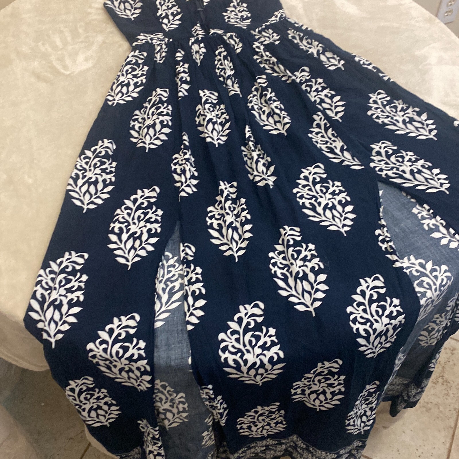 Miss Avenue Womens Navy Blue Leaf Print Split Neck Side Slit Maxi Dress Size S