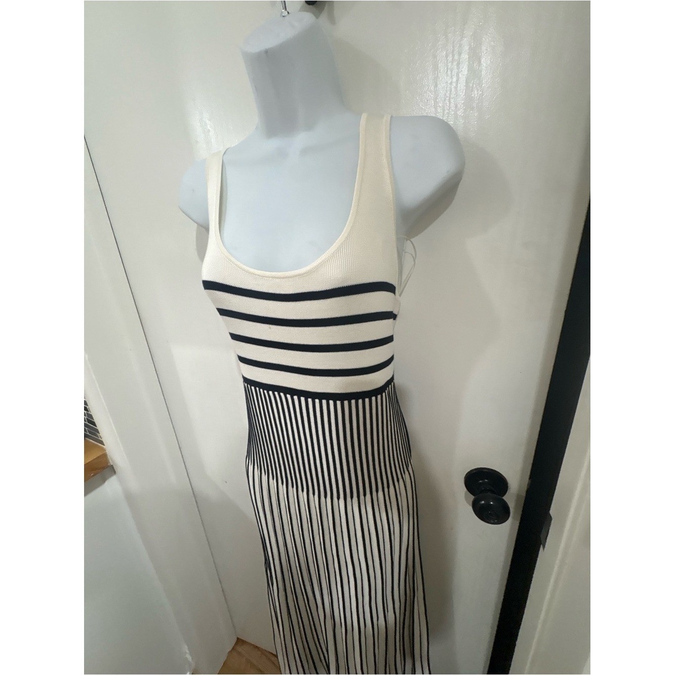 Sleeveless minimalist Cream and Black Striped Knit Dress