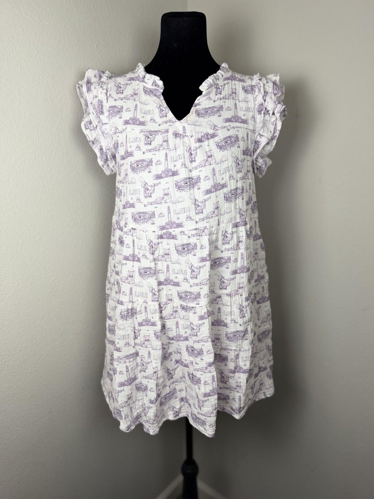 Stewart Simmons LSU Tigers Cotton Gauze Dress Small Purple White Tiered Sleeve