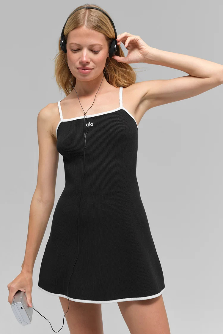 Alo Ribbed Sweater Knit Highline Dress Black Size L