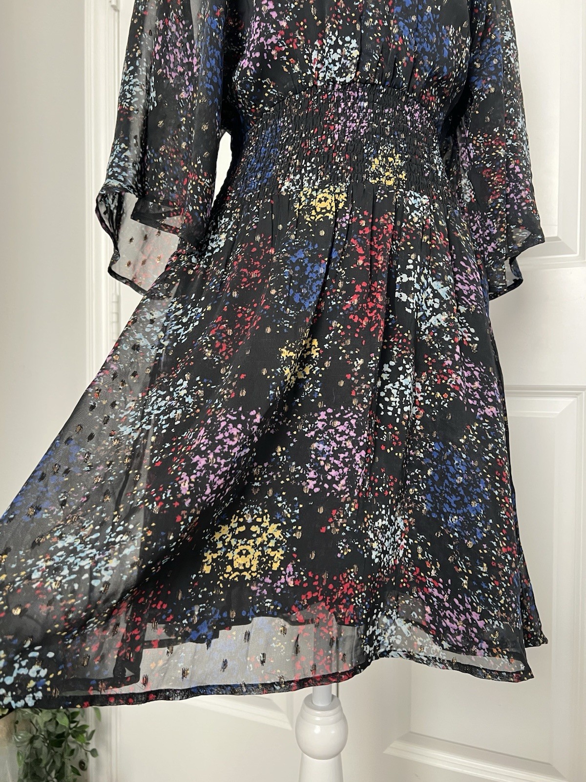 Free People Anna Multi Colored Metallic Mini Dress Printed Smocked Size XS
