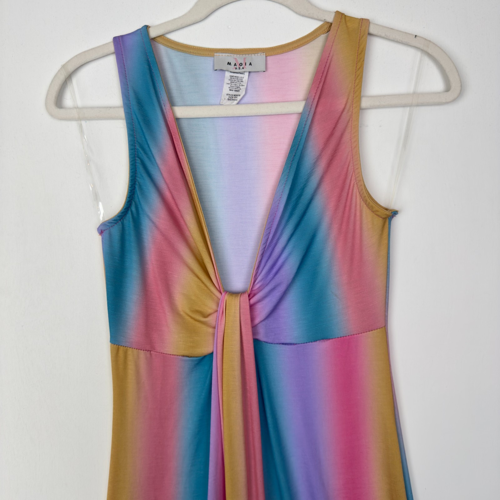 Maia Rainbow Ombre Maxi Dress S Sleeveless Deep V-Neck USA Made Polyester Blend