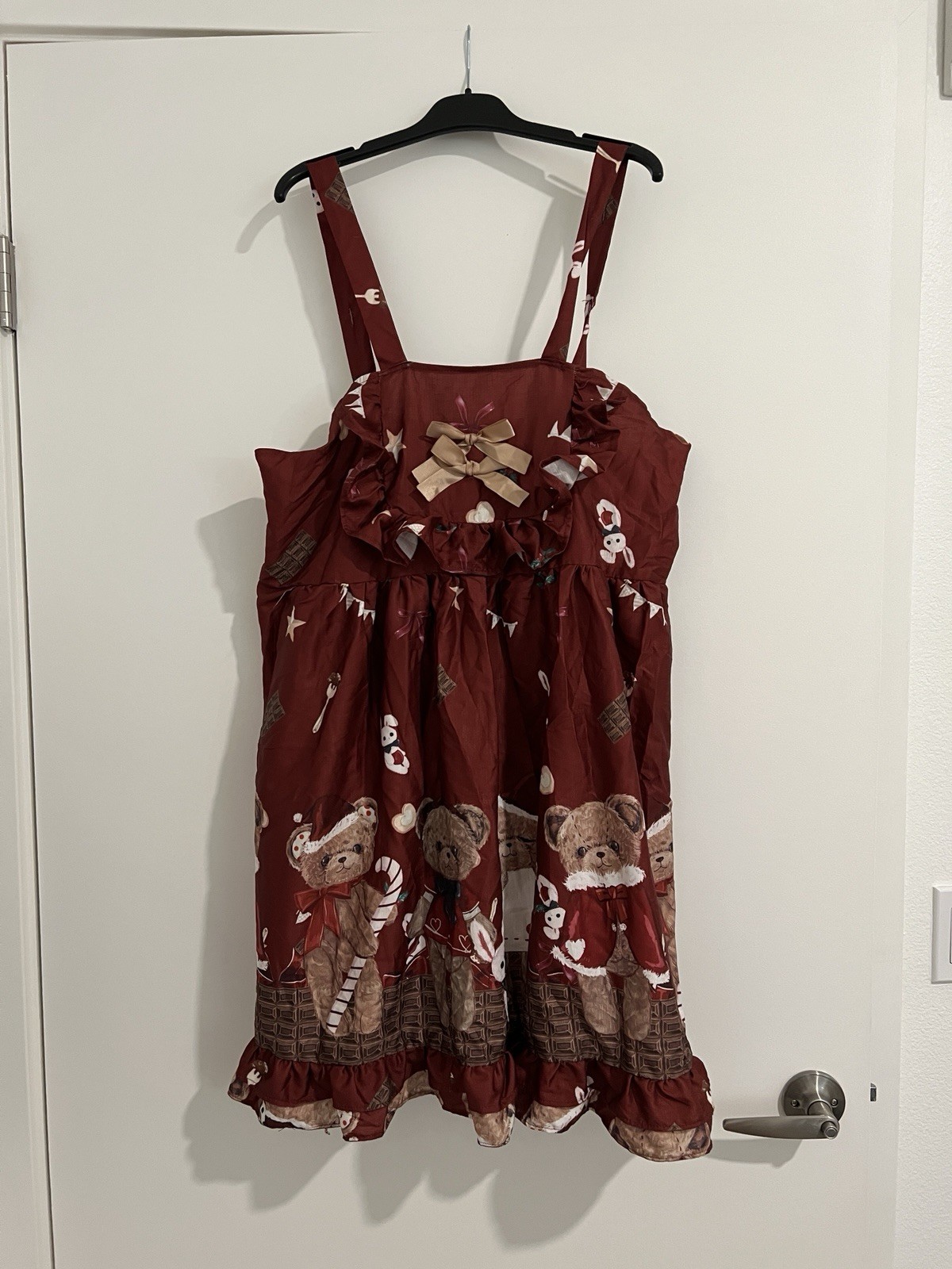 Red Teddy Bear Graphic Pinafore Knee Dress Square Neck Sleeveless XL/XXL