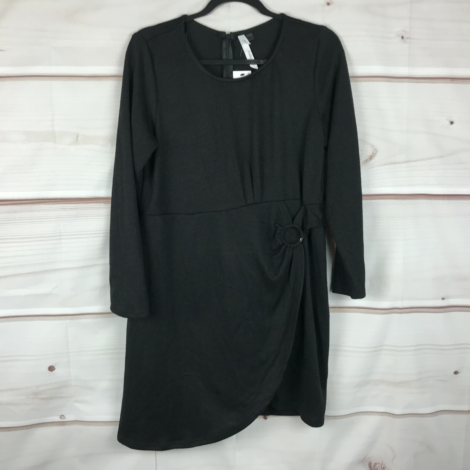 NY Collection Dress Womens PL Long Sleeve Black Knit Round Neck Solid Cocktail