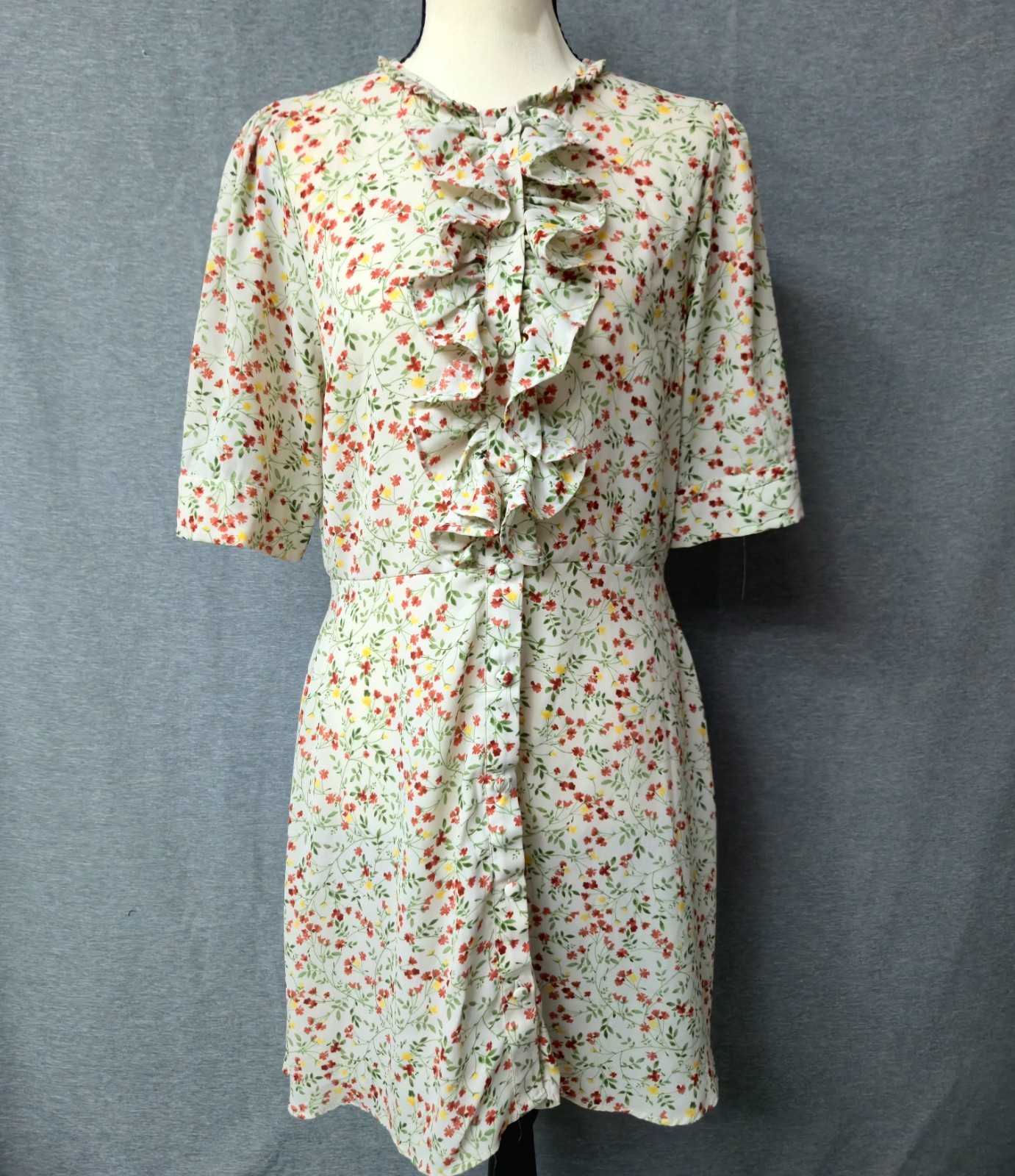 Zara The Tiffany Dress Size Large Floral Ruffle Bib Button Front Mini Cream