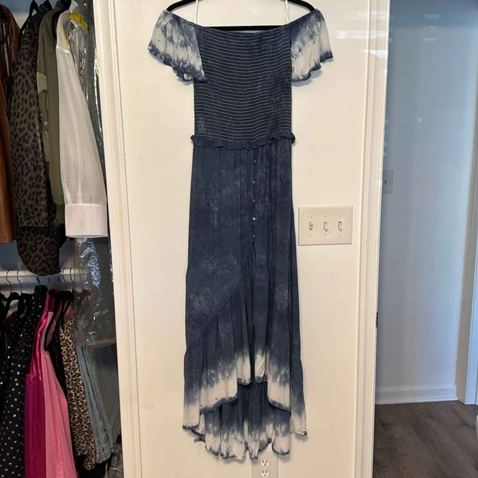 Surf Gypsy Blue Tie Dye Smock Top High-Low Maxi Dress with Flutter Sleeve