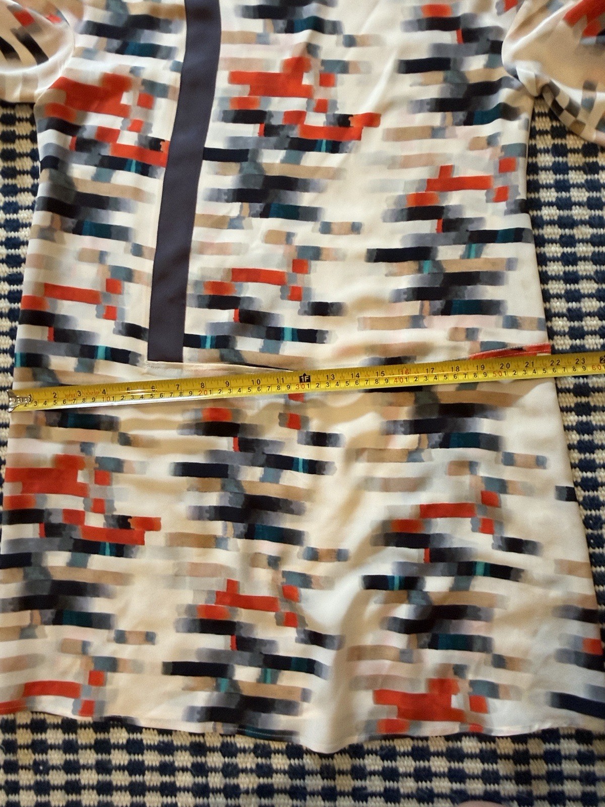 Vintage Cacharel Pixel-Print Long Sleeve Shift Dress in Ivory, Red & Navy Sz 12