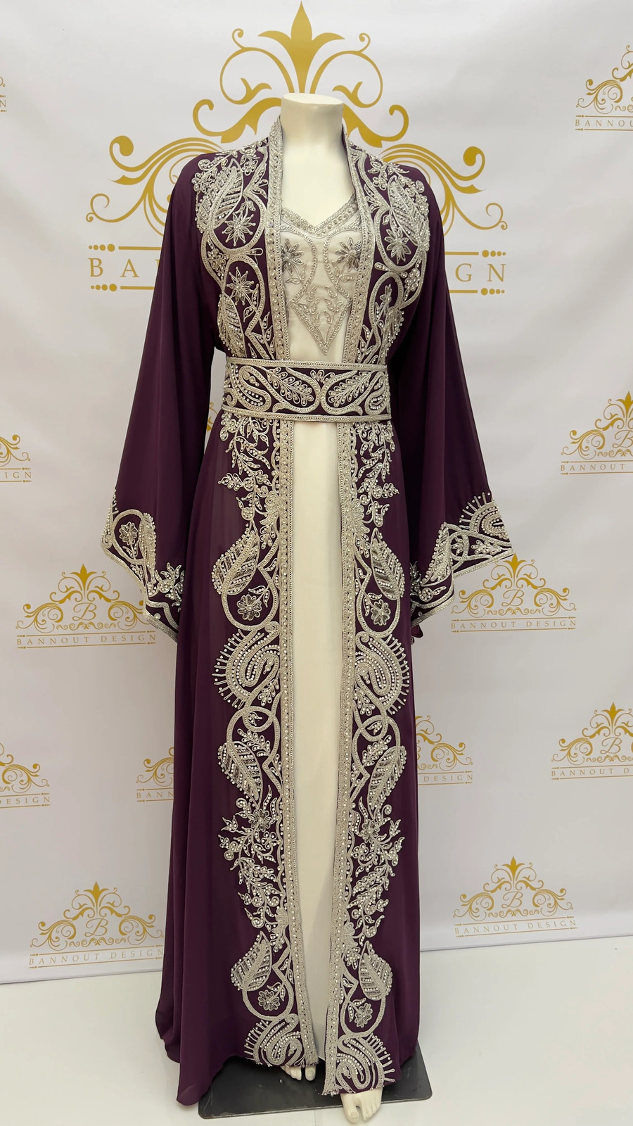 Fancy Kaftan Caftan Abaya 3 Pcs. Leaves Embellished Embroidery & Silver Beads