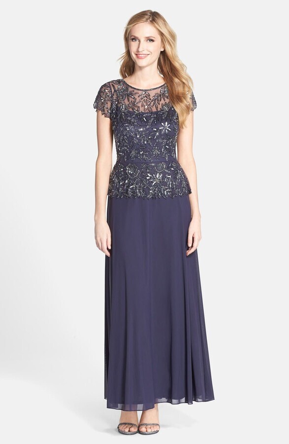 PISARRO NIGHTS Beaded Mesh Mock Two-piece Gown DRESS WOMENS SIZE 16 SLATE NEW