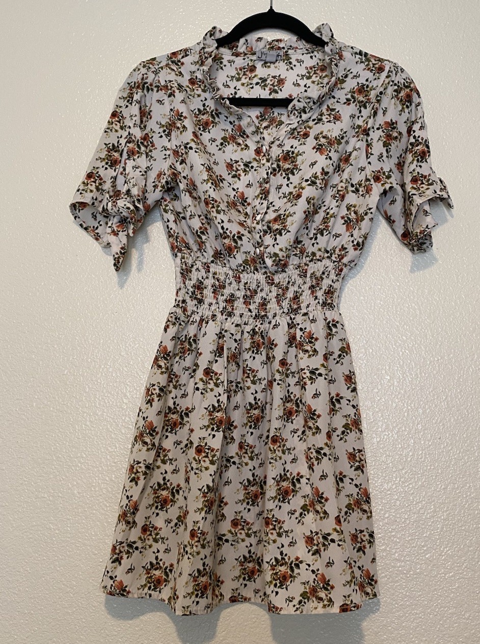 Justify White/Multicolor Floral Button Front Smocked Collared Short Dress M