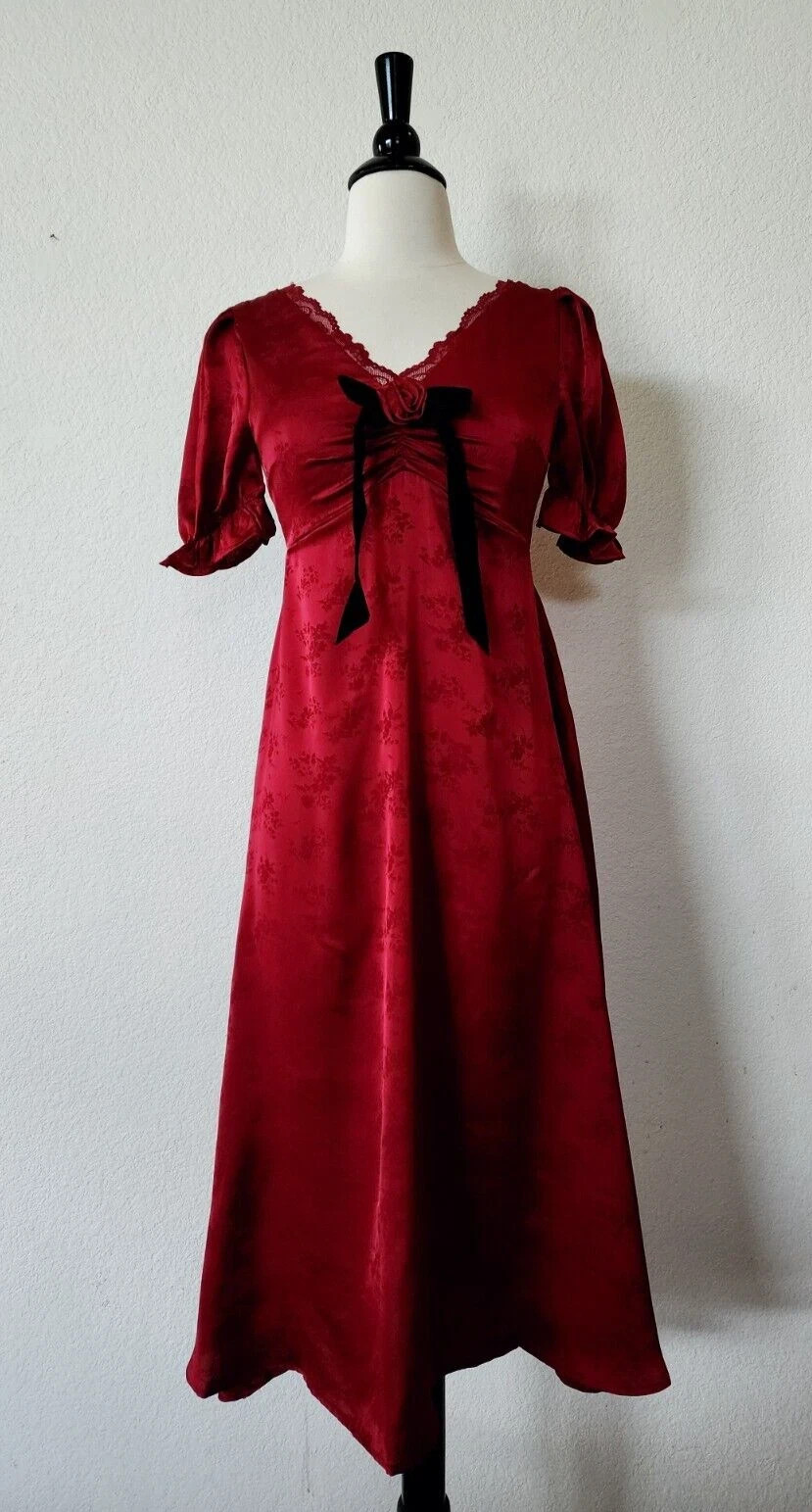 New Anthro Midi Dress Size Large Satin Red Burgundy Floral Bridgerton Wedding