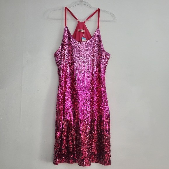 Maner Glitter Sequin Dress Adjustable Spaghetti Strap Sparkle Party Dress, Large