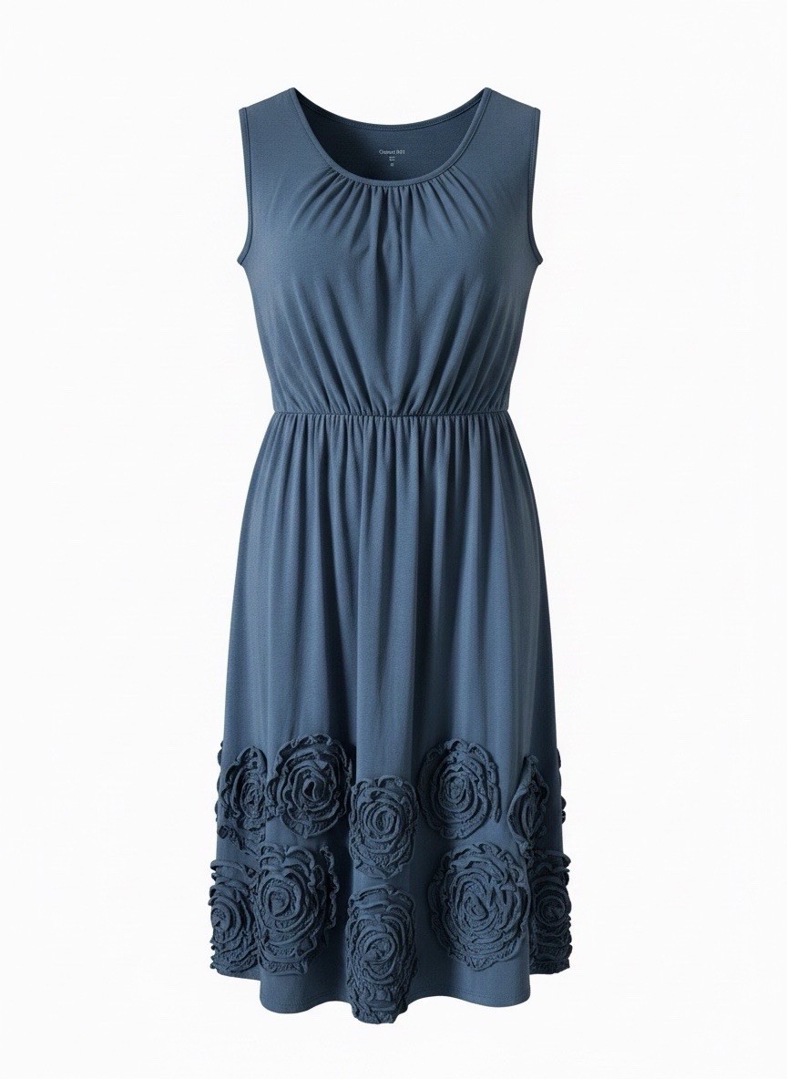 Garnet Hill Cotton Knit A-Line Dress Blue Ruched Stretch Scoop Neck Sz 02
