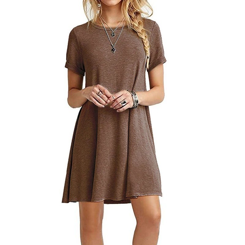 Womens Ladies Summer Short Sleeve Swing Dress Casual Loose Mini T-Shirt Dress UK