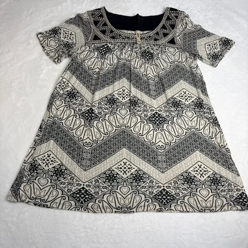 Next Dress UK 12 Black Cream Boho Geometric Smock Short Sleeve