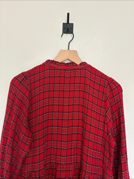 Ann Taylor LOFT Metallic Tartan Plaid Tiered A-Line Dress Holiday Red Small