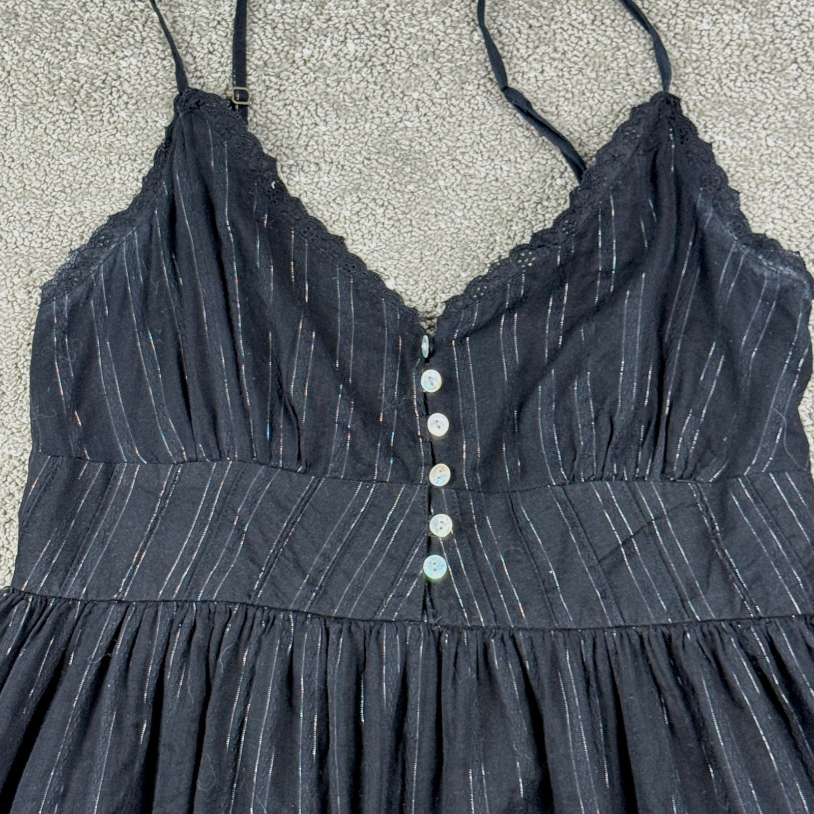 Aeropostale Dress Womens Medium Black Metallic Pinstripe Smocked Babydoll Mini