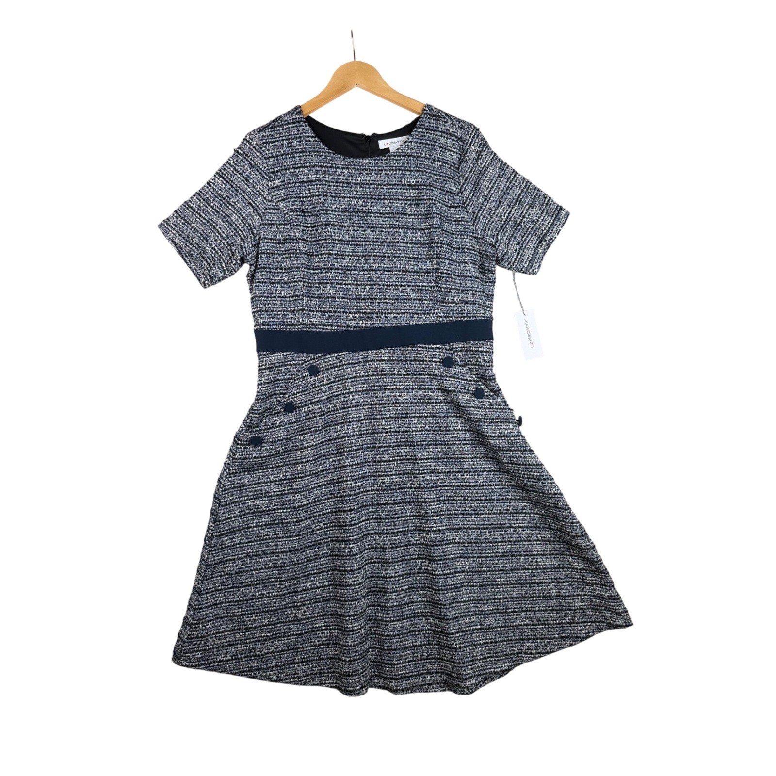 New Liz Claibone Tweed Fit and Flare Midi Dress size 12 Blue/Black/White