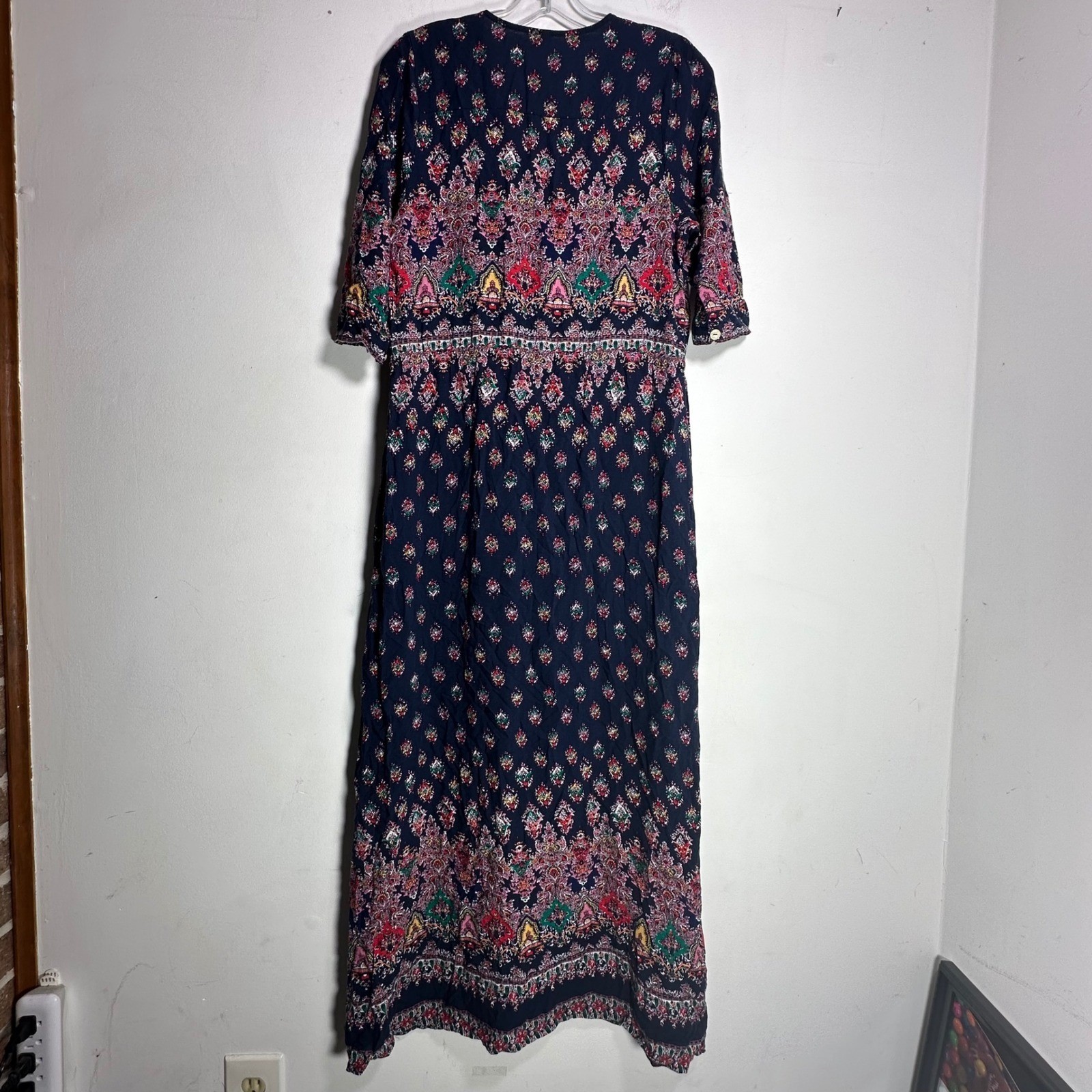 Bohemian Paisley Medallion Button Front Maxi Dress Navy Blue Red Women Large
