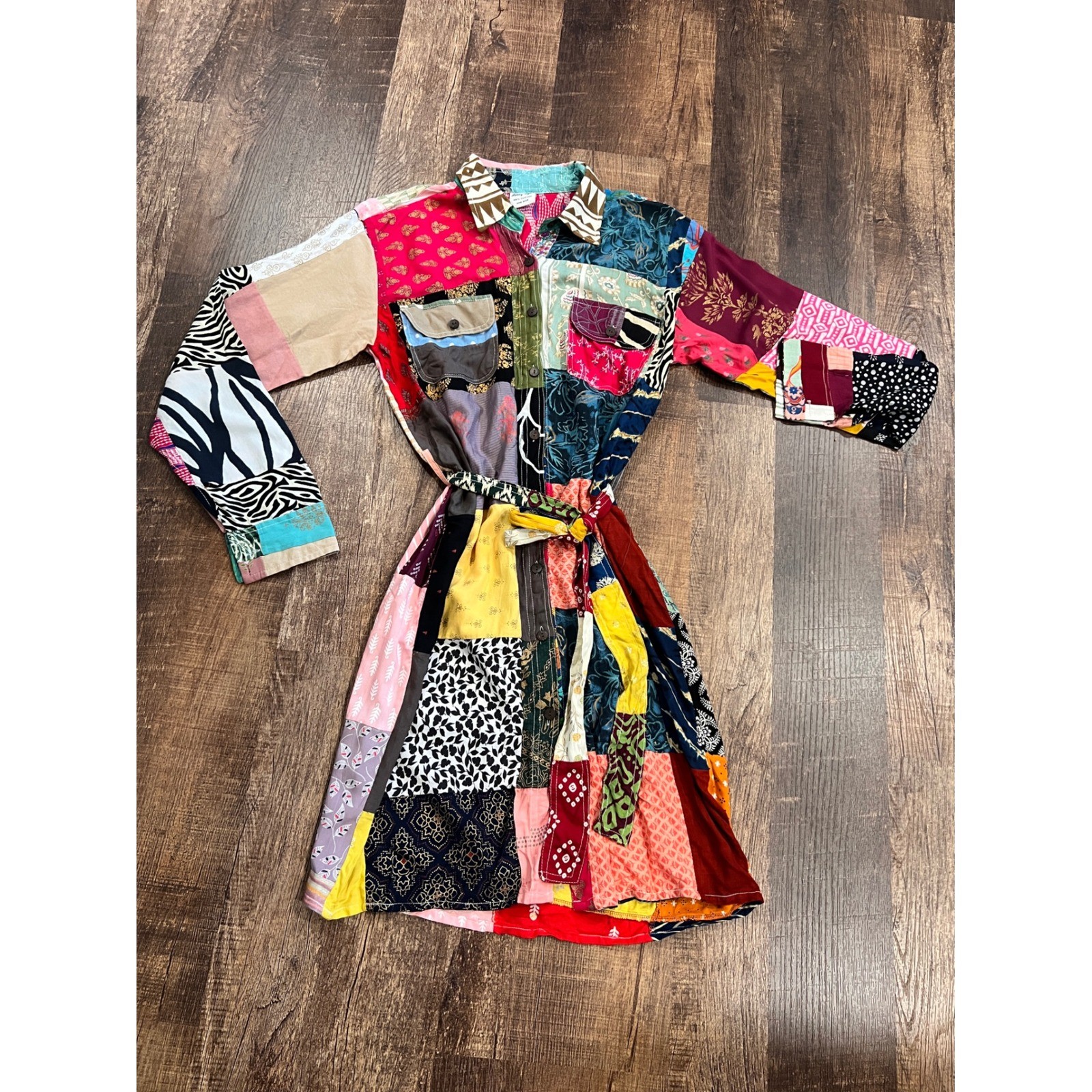 Ashley Taylor Womens Patchwork Shirt Dress Cotton Multi Color Long Sleeve OS