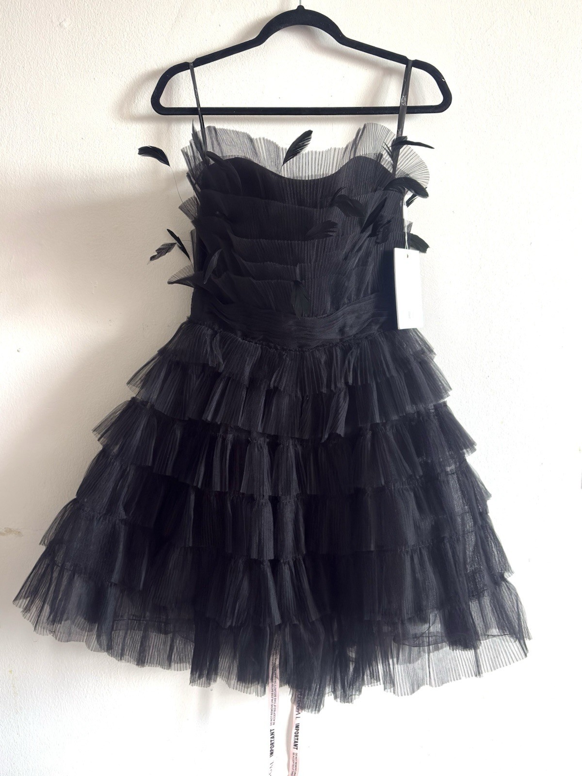 Mac Duggal 20529 Black Feathered Strapless Tulle Fit & Flare Mini Dress NWT sz 8