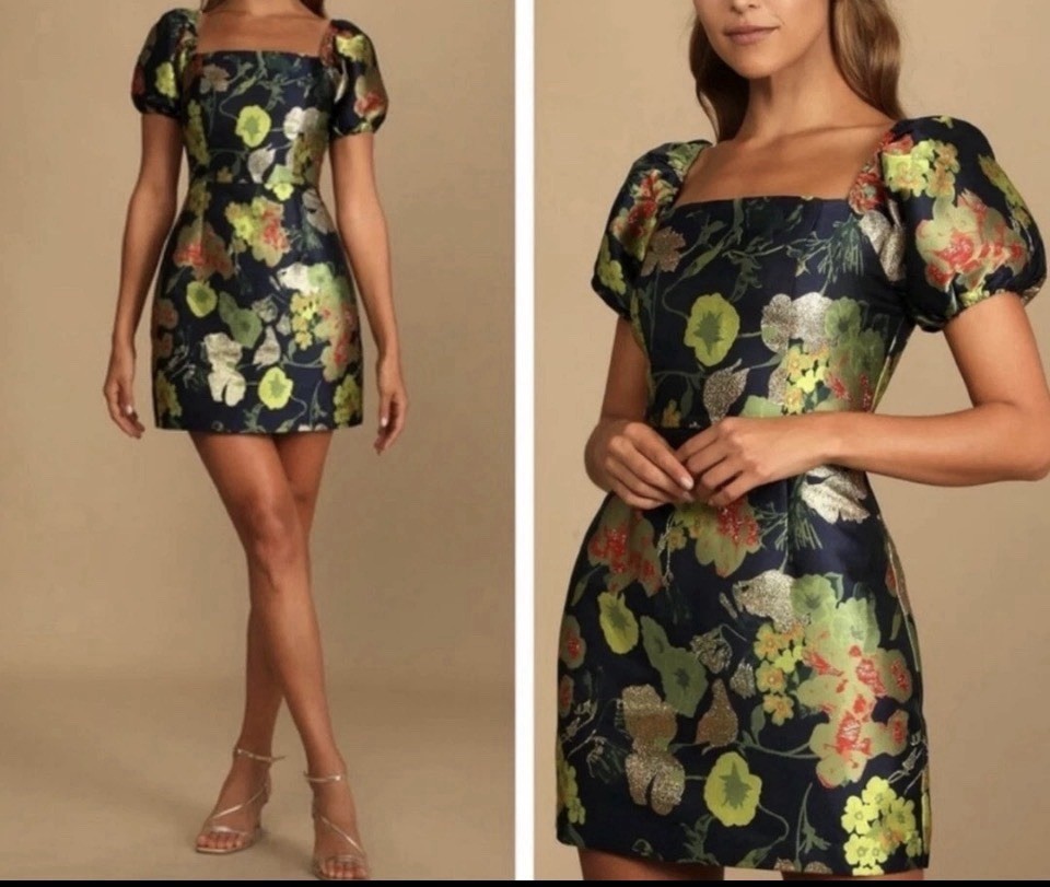 NWT Lulus So Stunning Navy Blue Gold Floral Jacquard Puff Sleeve Mini Dress Sz S